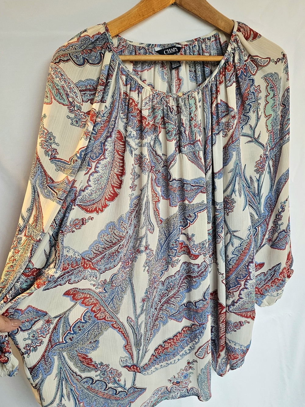 Chaps Women's Boho Plus Size 1x Cream Paisley Peasant Blouse - Red & Blue